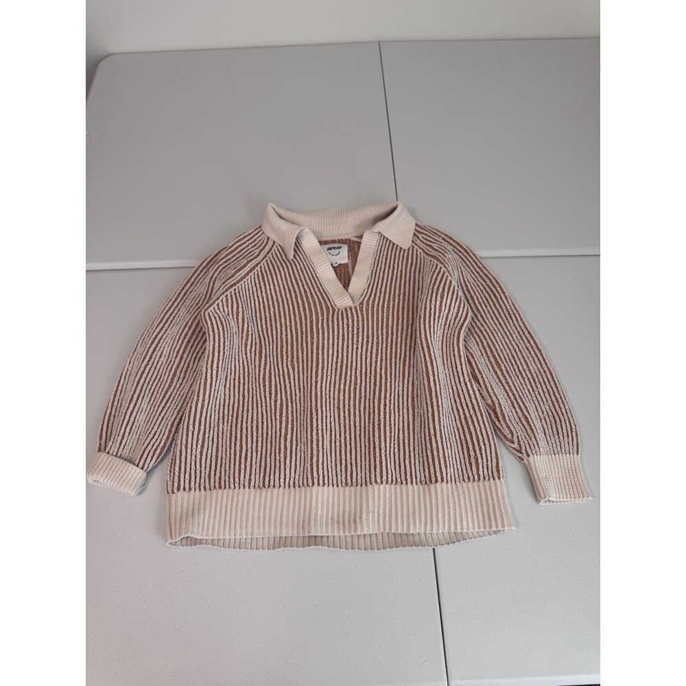 Aerie Tan Cream Striped Ribbed Knit Polo Sweater V-Neck Raglan Long Sleeve S m3 - Picture 2 of 7